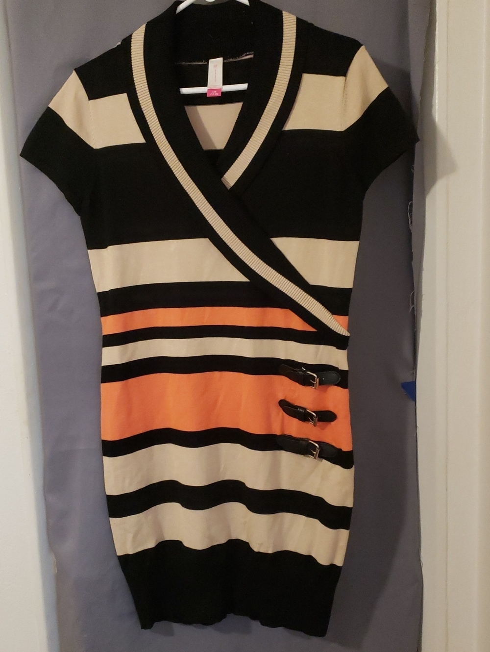 Sweater Dress Striped Wrap-Style Short Sleeve in Black, Cream & Orange.
